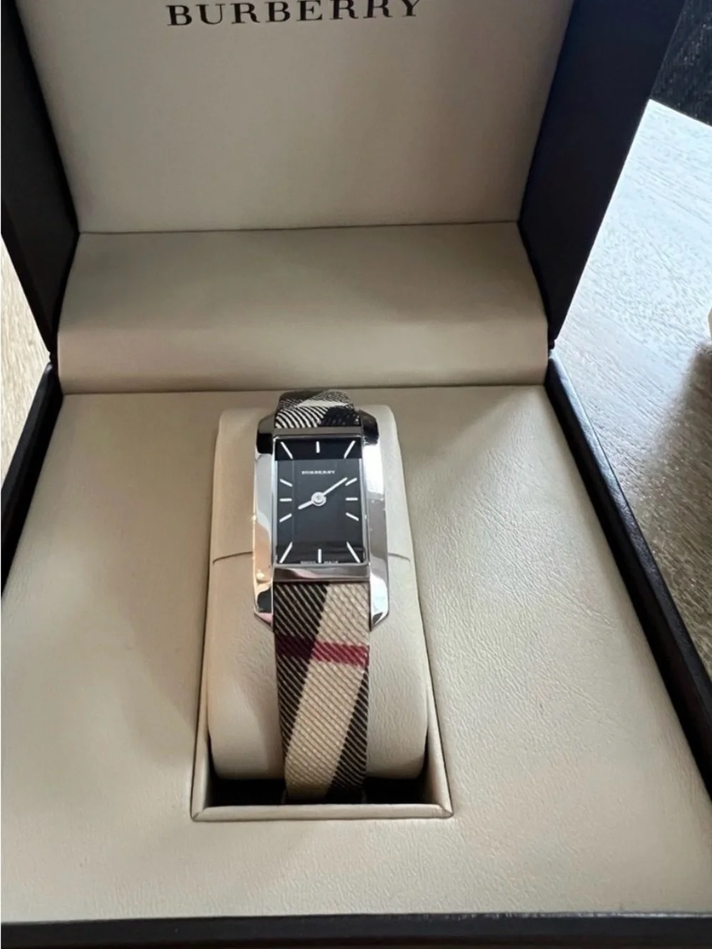 Burberry Plaid Strap Rectangular Watch in Beige, Black, Red